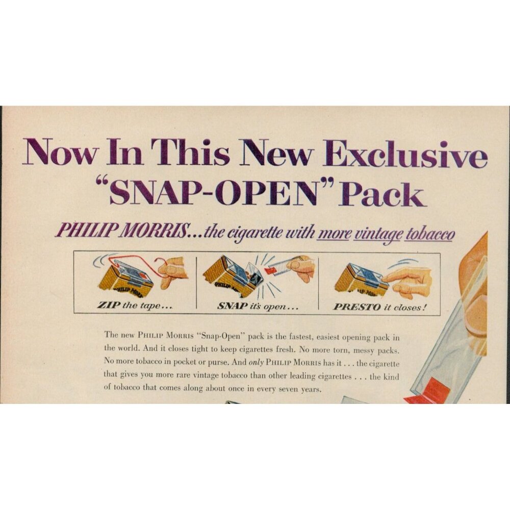 1954 Philip Morris Cigarettes Vintage Print Ad, "Snap-Open" Pack (L5) - Picture 3 of 3